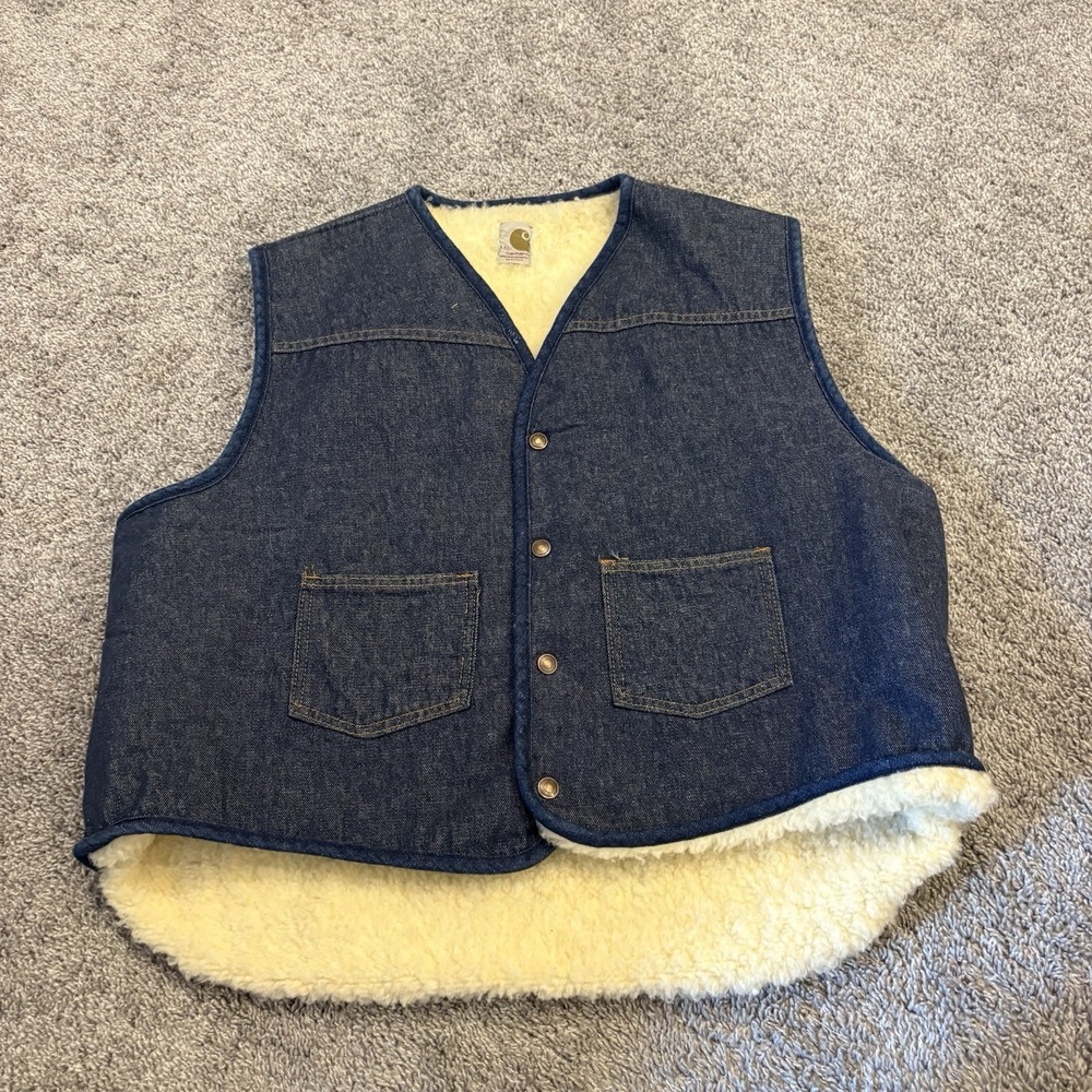 VTG 70s Carhartt Blue Denim Western Style Vest Sherpa Lined Snaps XXL Union USA